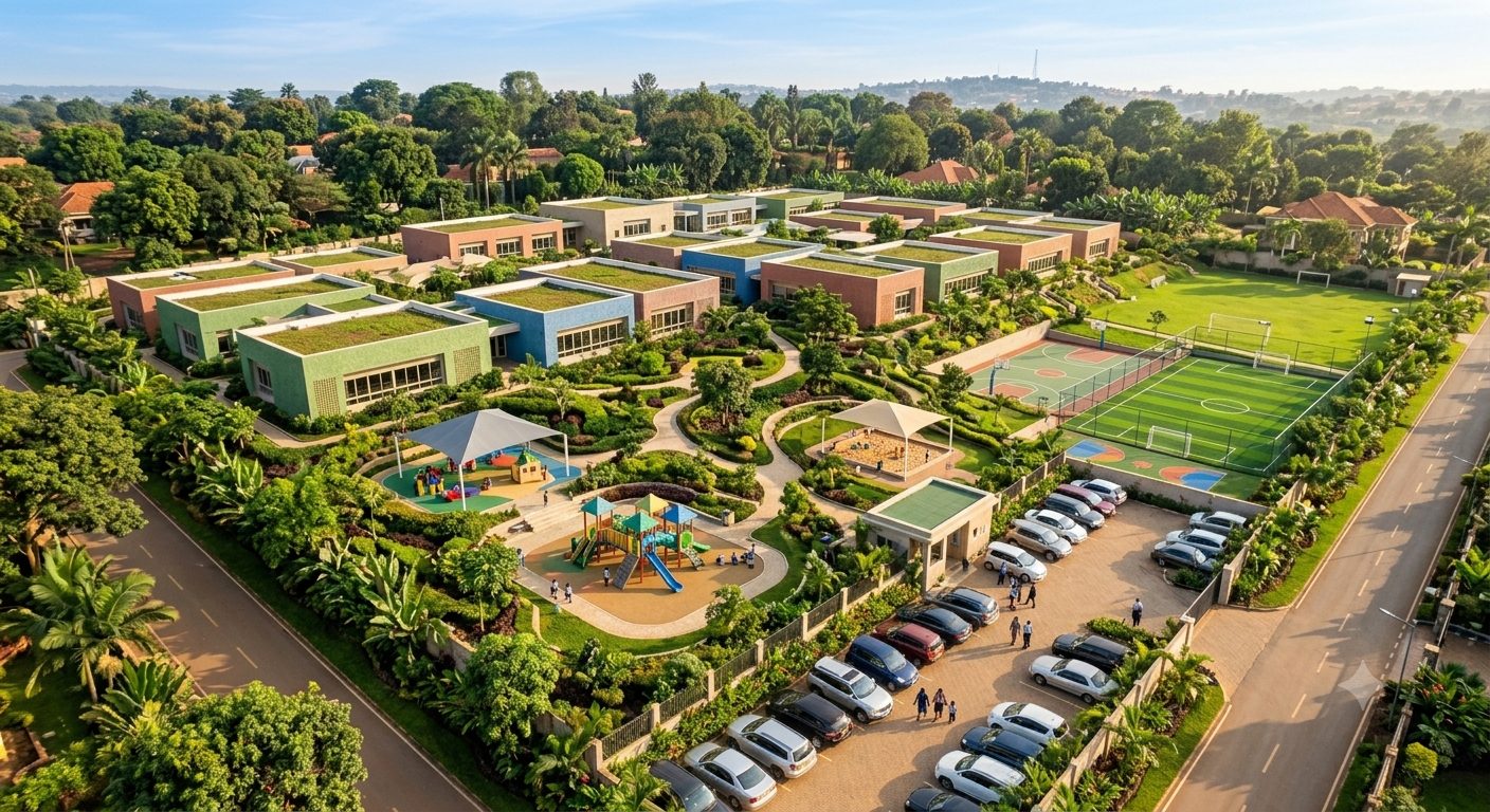 Concept aerial view of the Bluey campus with playground and sports court