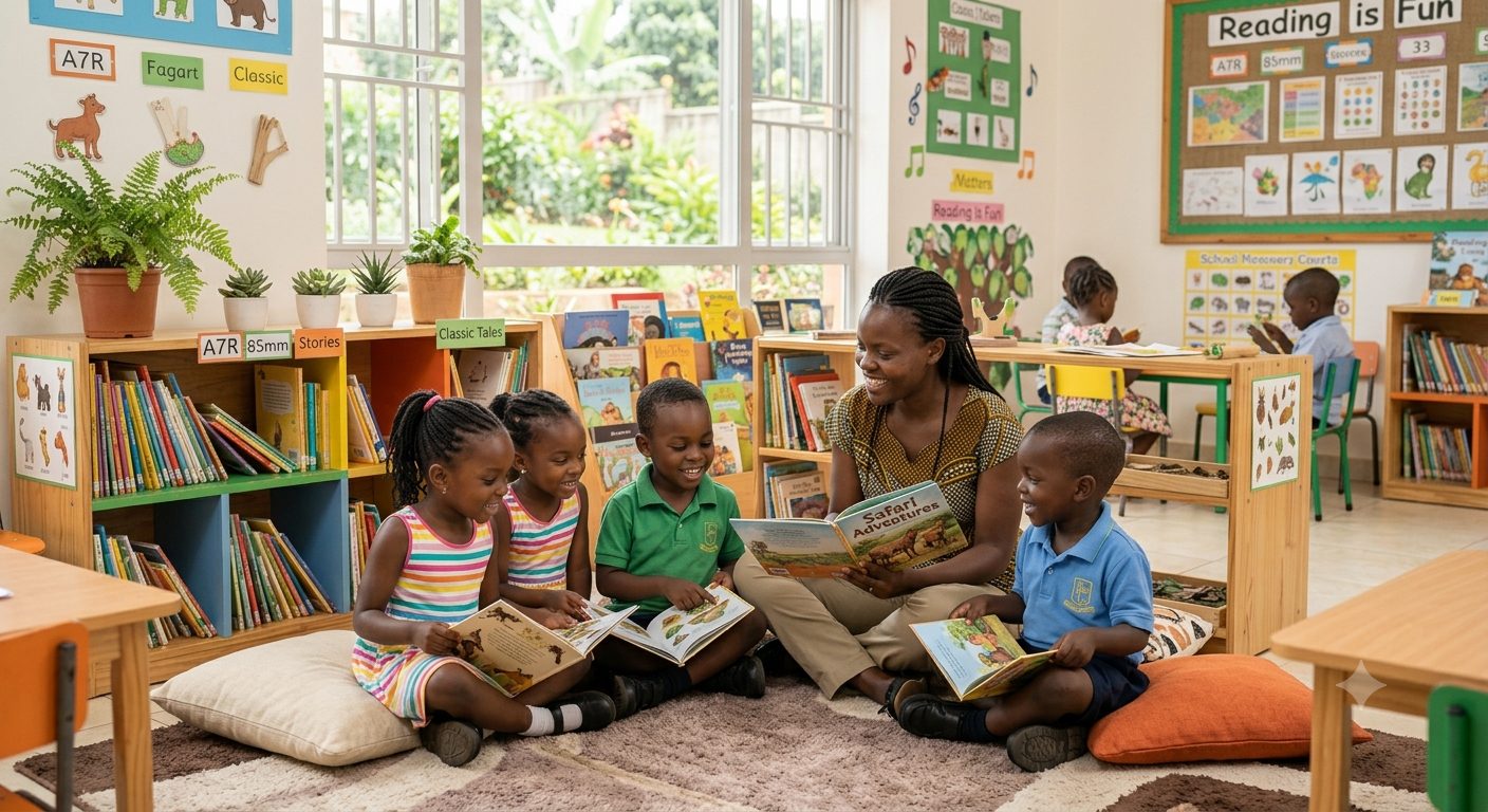 Concept image of a teacher reading a picture book with children
