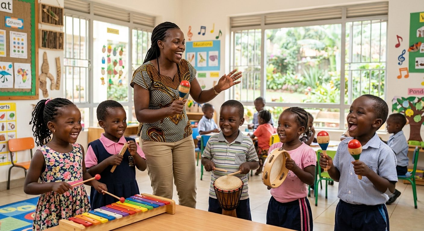 Concept image of a music session with maracas, tambourine and xylophone