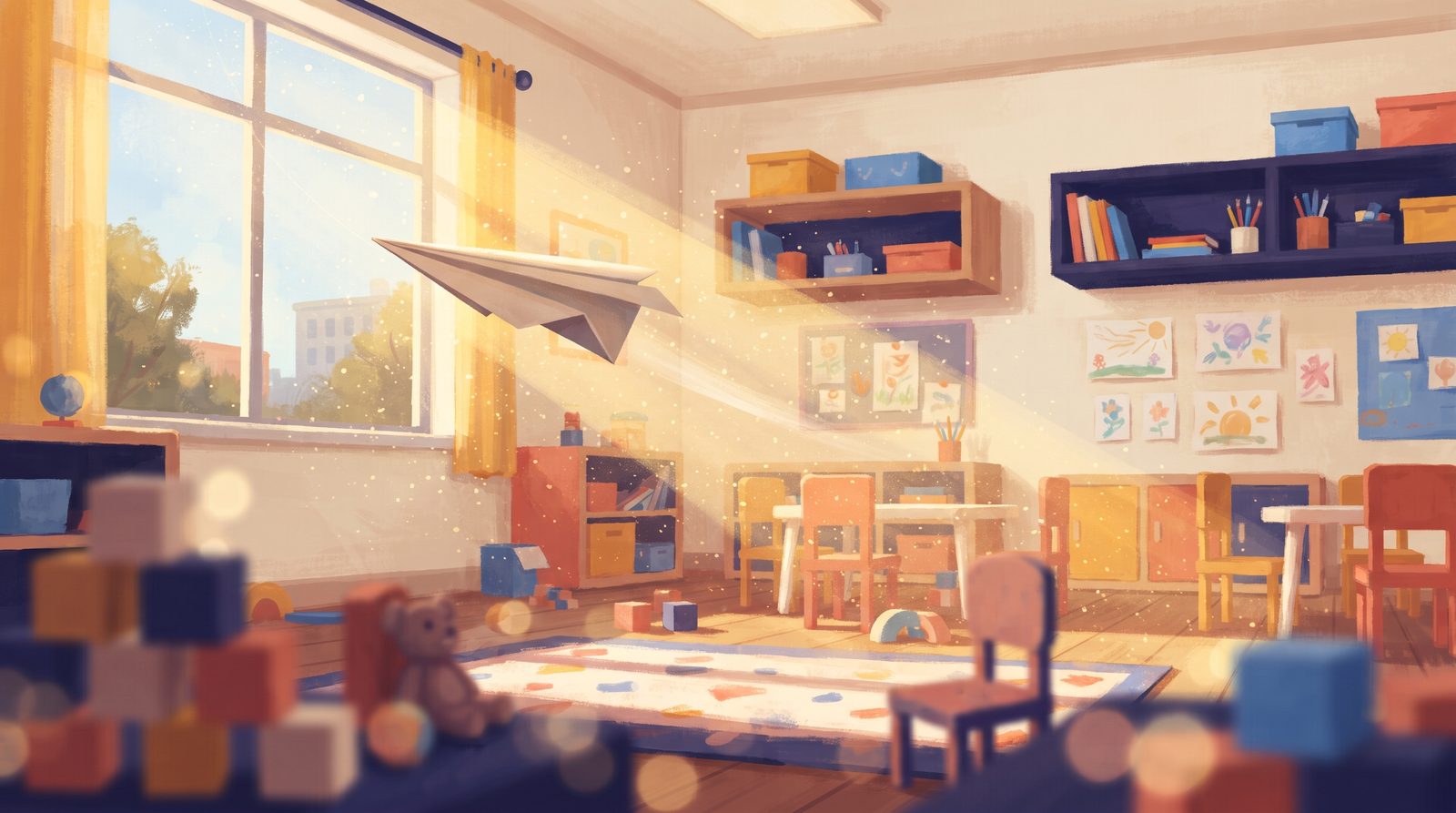 Bright, sunlit preschool classroom