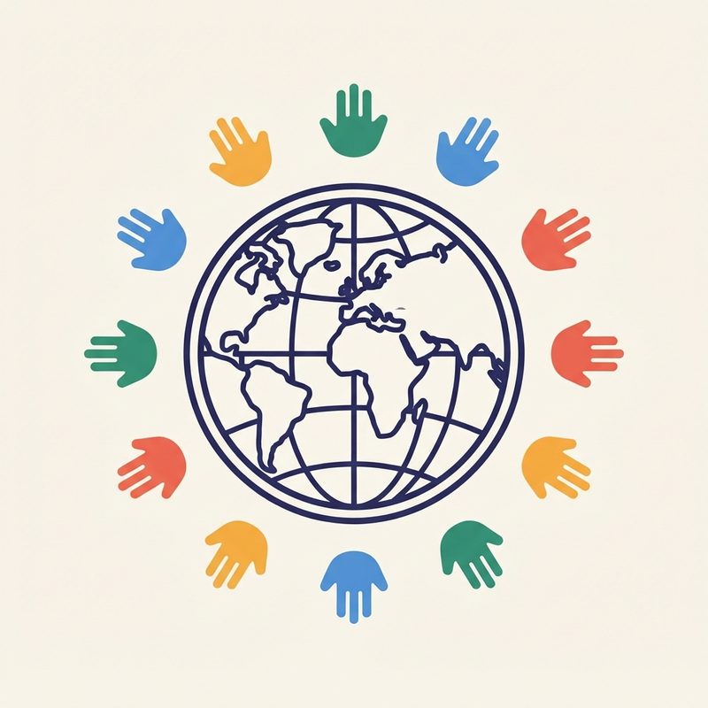 Illustrated globe encircled by children's hands in different colors, echoing the Bluey International mark
